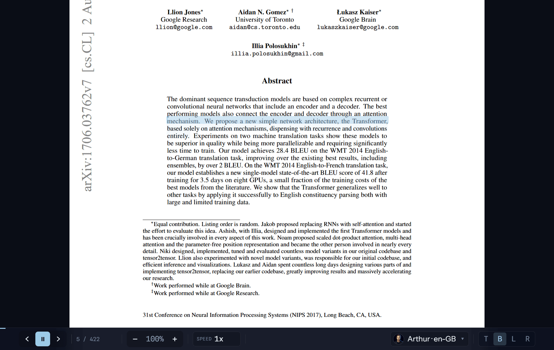 The Brauo reader with a research paper open. The sentence being read aloud is highlighted in the abstract, and a transport bar along the bottom shows position, zoom, speed and the chosen voice.